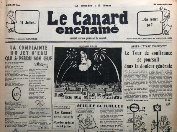 Couac ! | N° 1499 du Canard Enchaîné - 13 Juillet 1949 | Les mécènes du sport cycliste font preuve d'une modestie exemplaire - Dans cet article publié le 13 juillet 1949, Roger Salardenne se moque de manière ironique de certains sponsors du Tour de France, qu'il décrit comme des "mécènes désintéressés" manifestant une "modestie exemplaire". L'auteur souligne la soi-disant générosité de ces sponsors, comme M. Dubonnet, qui offre une somme importante pour le prix d'une étape, ainsi que MM. Martini et Rossi, qui promettent une prime d'un million de francs pour l'équipe qui arrivera première au Parc des Princes. Salardenne utilise l'humour pour critiquer l'apparente modestie de ces mécènes qui, selon lui, se cachent derrière une façade de désintéressement tout en profitant de la publicité générée par leurs dons. L'article inclut un dialogue fictif avec M. Dubonnet, qui prétend vouloir rester dans l'ombre, tout en laissant entendre qu'il est bien content de la publicité que cela lui procure. Salardenne pointe également du doigt M. Saint-Raphaël, un autre "grand ami des sports", qui fait preuve d'une fausse modestie similaire. L'auteur souligne le contraste entre ces sponsors, motivés par un désir de visibilité et de notoriété, et ceux qui font preuve d'une véritable humilité et d'un désintéressement sincère. Le ton sarcastique de l'article met en lumière le caractère opportuniste de certains sponsors qui utilisent le sport pour se faire connaître, tout en feignant de rester en retrait. L'article critique ainsi l'hypocrisie et le double discours des sponsors qui se présentent comme des philanthropes alors qu'ils cherchent avant tout à maximiser leur visibilité et leur retour sur investissement. | 1499 1