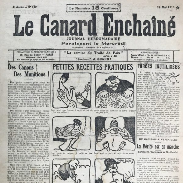 Couac ! | N° 150 du Canard Enchaîné - 14 Mai 1919 | Nos Exemplaires du Canard Enchaîné sont archivés dans de bonnes conditions de conservation (obscurité, hygrométrie maitrisée et faible température), ce qui s'avère indispensable pour des journaux anciens. | 150