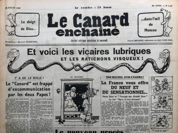 Couac ! | N° 1500 du Canard Enchaîné - 20 Juillet 1949 | L'article intitulé "Notre éminent confrère Francisco Franco fait de sensationnels débuts dans le journalisme," écrit par Yves Grosrichard et publié dans Le Canard Enchaîné du 20 juillet 1949, adopte un ton satirique pour critiquer la nouvelle activité du général Franco, chef de l'État espagnol, dans le domaine du journalisme. Grosrichard commence par rapporter qu'une dépêche espagnole a annoncé que Francisco Franco avait reçu une carte de presse approuvée par le syndicat des journalistes espagnols et avait été proclamé « le premier journaliste d'Espagne ». Il utilise cette occasion pour se moquer de l'absurdité de la situation, soulignant l'ironie d'une figure autoritaire accédant à une position dans une profession supposée défendre la liberté d'expression et la vérité. L'article continue en décrivant, de manière sarcastique, une rencontre fictive entre Franco et un journaliste, où Franco démontre sa « simplicité géniale » et sa rapidité à signer des documents, tout en prodiguant des ordres de répression. Le texte fait également référence à une somme considérable d'argent que la France aurait prêtée à l'Espagne, suggérant que le soutien français contribue à l'autocratie franquiste. L'auteur utilise un ton ironique pour souligner la contradiction entre l'image d'un chef d'État oppresseur et celle d'un « journaliste » servant la vérité. En fin de compte, l'article critique la collaboration des gouvernements démocratiques avec des régimes autoritaires, en utilisant l'humour pour dénoncer la complicité et l'hypocrisie politique. Grosrichard conclut avec une pointe d'ironie, insinuant que le journalisme de Franco, bien qu'absurde, pourrait être pris au sérieux par ceux qui l'admirent encore, montrant ainsi que même les actions les plus ridicules peuvent être acceptées et soutenues sous le couvert de l'autorité et du pouvoir. | 1500 1