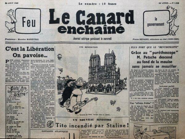 Couac ! | N° 1505 du Canard Enchaîné - 24 Août 1949 | L'article d'Alexandre Breffort intitulé "Le Théâtre Sarah-Bernhardt transformé en annexe de la P. P.", publié dans le Canard Enchaîné du 24 août 1949, est une satire qui tourne en dérision la bureaucratie et la gestion des institutions publiques à Paris. L'article imagine avec humour que le Théâtre Sarah-Bernhardt, un lieu culturel emblématique, est réaménagé pour servir d'annexe à la Préfecture de Police de Paris. Breffort utilise ce scénario absurde pour critiquer le mélange incongru entre culture et bureaucratie, tout en se moquant des politiques municipales et des priorités des autorités. Le texte décrit avec ironie comment le théâtre, désormais sous contrôle de la police, est transformé en une sorte de centre administratif avec des vestiaires et des installations destinées à des "non-lieux d’aisance", suivant "les principes de l’hygiène moderne". Le décor de ce nouveau théâtre inclut même des accessoires liés aux activités policières, comme des "menottes" ou des espaces pour "la police montée", créant un contraste comique entre l’art théâtral et la réalité policière. Breffort s’amuse également à réinventer le répertoire théâtral avec des pièces satiriques inspirées par cette situation improbable, suggérant des titres tels que **"Le Voleur de frites"** ou **"La Roulotte à tabac"**, qui combinent les thèmes de la criminalité et du spectacle. Le projet de programmation inclut aussi des œuvres absurdes, telles que **"Le bal des détenus blancs"** ou **"La Grande semelle de Paris"**, qui semblent parodier les réalités de l'administration pénitentiaire et policière. L'article se termine par une plaisanterie sur les méthodes d'interrogatoire et de "grilling" (gril de police), insinuant que ces pratiques sont désormais au centre de l’activité culturelle de ce "nouveau" théâtre. En fusionnant les thèmes de la culture et de la répression policière, Alexandre Breffort propose une satire de la gestion municipale et de la politique sécuritaire. L'article utilise l'absurde et l'ironie pour mettre en lumière le contraste entre le patrimoine culturel et l'influence bureaucratique, tout en critiquant indirectement les autorités parisiennes et leurs priorités. La transformation imaginaire du Théâtre Sarah-Bernhardt en annexe de la Préfecture de Police illustre le talent de Breffort pour tourner en ridicule les politiques de son époque. | 1505 1