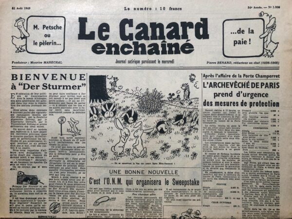 Couac ! | N° 1506 du Canard Enchaîné - 31 Août 1949 | L'article de Henri Rochon intitulé "Voici l'Évangile selon saint François Mitterrand", publié dans le Canard Enchaîné du 31 août 1949, est une satire qui parodie l'annonce de la visite officielle de François Mitterrand, alors secrétaire d'État à la présidence du Conseil, aux lieux saints de Jérusalem. Henri Rochon utilise un style humoristique et parodique en présentant la visite de François Mitterrand sous la forme d'un "Évangile". Il transforme cet événement politique en une série de récits bibliques revisités, où Mitterrand devient une figure christique, voire prophétique, au milieu de personnages politiques contemporains. L'article commence par une introduction ironique, posant Mitterrand comme un "saint" qui, après avoir visité les lieux saints, revient avec une "révélation". Cette "révélation" est en réalité une critique des relations politiques et économiques contemporaines, déguisée sous la forme d'anecdotes humoristiques. Rochon narre plusieurs épisodes fictifs inspirés des Évangiles, chacun servant de satire sur les pratiques et discours politiques de l'époque : Les noces de Cana : Cette section parodie le miracle biblique de Jésus transformant l'eau en vin. Ici, les personnages politiques comme Queuille (alors président du Conseil) et Paul Reynaud jouent les rôles des convives et des serviteurs. Les dialogues sont remplis de références à des décisions gouvernementales absurdes ou incohérentes, soulignant l'incompétence perçue ou les contradictions internes du gouvernement. Le bon grain et l'ivraie : Cette parabole biblique est transformée pour illustrer les querelles et manipulations au sein de l'Assemblée nationale. Rochon critique ici la politique de favoritisme et les luttes de pouvoir qui se jouent dans les coulisses de la politique française. Le texte ironise sur les promesses et les proclamations des politiciens, comparant leurs décisions à une sorte de tri entre le bon et le mauvais, mais sans véritable logique ou justice. La tentation : Dans cette parodie de la tentation du Christ dans le désert, Paul Reynaud prend le rôle du tentateur, offrant des tentations politiques à Mitterrand, que Rochon moque en tant que figure aisément influençable ou naïve. Les dialogues exagérés entre les deux personnages montrent l'absurdité et la vanité de ces manœuvres politiques. Henri Rochon, à travers cet article, critique habilement les mœurs politiques de l'époque en utilisant des références bibliques, transformant ainsi une simple visite diplomatique en une série d'allégories satiriques. Le ton ironique et moqueur souligne le manque de sincérité et la manipulation qui, selon Rochon, caractérisent la politique française à cette époque. En utilisant des images et des récits religieux, Rochon amplifie l'absurdité des situations, invitant les lecteurs à voir au-delà des apparences et à comprendre la critique sociale et politique sous-jacente. | 1506 1