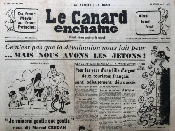 Couac ! | N° 1509 du Canard Enchaîné - 21 Septembre 1949 | AU CONGRES DE BORDEAUX, La médecine fait un pas de géant C’est avec la sympathie la plus vive que nous avons suivi, depuis notre observatoire habituel du “Vieux Saumur”, les débats édifiants du Congrès national des médecins amis du vin de France, qui s’est tenu ces jours-ci à Bordeaux. Inutile de préciser que, dorénavant, nous nous ferons tous soigner, au “Canard”, même à titre préventif, par le docteur Eyland, qui n’a pas hésité à affirmer que le vin est “le moins nocif des aliments existants” et que “tout travailleur doit en absorber d’un demi-litre à un litre et demi par jour”. Ceci, bien sûr, pour les cas ordinaires. Lorsque les malades sont dans un état grave, il est recommandé, évidemment, de doubler ou de tripler la ration. Toujours est-il que, après nous être fait porter pâles auprès de notre rédacteur en chef, nous nous sommes tous présentés à la consultation du brave docteur Eyland. Robert Danger, le plus atteint de l’équipe – il souffre d’une hypertricose palmaire carabinée – suit depuis huit jours un traitement des plus sévères. Toutes les dix minutes, il doit absorber un verre à dégustation de Juliénas et se gargariser, matin et soir, avec du Châteauneuf-du-Pape de derrière les bocaux. C’est dur, mais que ne ferait-on pas pour recouvrer la santé ! Gabriel Macé, qui a des troubles inquiétants de la vésicule biliaire, est sorti du cabinet du médecin avec cette ordonnance, qu’il s’est empressé de faire exécuter à la pharmacie du Cadran : “Prendre à jeun huit décilitres de Meursault et, avant chaque repas, trois verres de Saint-Emilion 1943. Pendant le repas, ingurgiter à fortes doses du Sauternes 1929 et du Pouilly 1946.” Henri Monier, qui, durant ses vacances, avait un peu trop forcé sur le Vittel-fraise, s’est vu prescrire une cure de désintoxication graduelle au Monbazillac. Son état s’améliore de jour en jour. Il entrera bientôt en convalescence et nous espérons qu’il se rétablira tout à fait à Nuits-Saint-Georges où il a déjà retenu une cave confortable. Quant à Jean-Paul Lacroix, qui dépérissait à vue d’œil, sa guérison semble assurée depuis qu’il se fortifie, avec une docilité exemplaire, au Chablis et au Graves. Il titube allègrement et a repris des forces à tel point que les réverbères les plus solides du quartier n’ont qu’à bien se tenir. Reste à savoir si la Sécurité sociale prendra en charge les ardoises en souffrance. Roger Salardenne | 1509 1