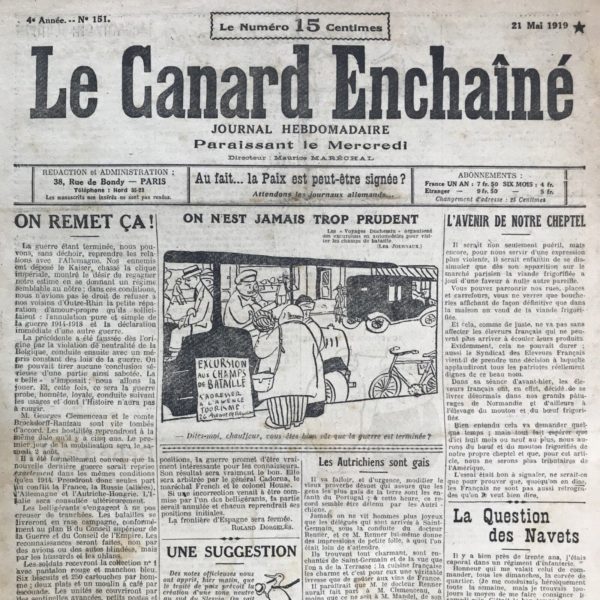 Couac ! | N° 151 du Canard Enchaîné - 21 Mai 1919 | Nos Exemplaires du Canard Enchaîné sont archivés dans de bonnes conditions de conservation (obscurité, hygrométrie maitrisée et faible température), ce qui s'avère indispensable pour des journaux anciens. | 151