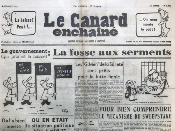 Couac ! | N° 1511 du Canard Enchaîné - 5 Octobre 1949 | "On l'a bien mérité" La plus belle trouvaille de ce gouvernement est cette prime d’attente, au sujet de laquelle, d’ailleurs, nos ministres n’ont pas fini de se chamailler. Une prime d’attente ? Les Français l’ont bien méritée. Voilà en effet près de cinq ans qu’ils attendent. Qu’ils attendent un gouvernement capable de les sortir du pétrin. Qu’ils attendent la reconstruction. Qu’ils attendent de ne plus tirer le diable par la queue dès le 21 du mois. Qu’ils attendent qu’on pende les affameurs. Qu’ils attendent aussi, avec cette fois tous les autres peuples de la terre, qu’on signe enfin la paix. Tout cela vaut bien une prime, on en conviendra. Mais puisqu’on nous chicane celle-ci, nous proposons au gouvernement une solution qui fera l’unanimité : Qu’on décore tous les Français du “poireau”.   | 1511