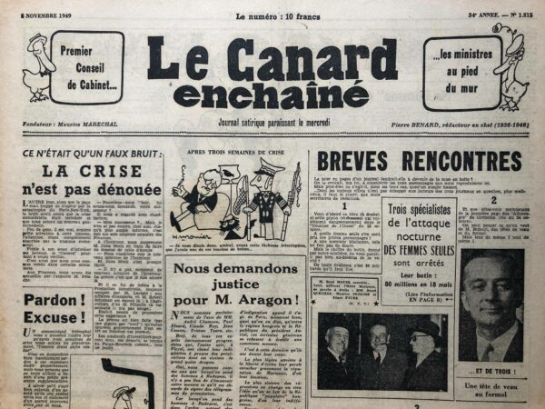 Couac ! | N° 1515 du Canard Enchaîné - 2 Novembre 1949 | L'article de R. Tréno, publié dans Le Canard Enchaîné du 2 novembre 1949, porte sur le thème de l'objection de conscience et la difficulté de faire entendre cette position dans le contexte de la guerre froide. L'auteur commence par évoquer le geste de J.-B. Moreau et la persévérance de Garry Davis, qui, bien qu'admirables, restent inefficaces dans la pratique, notamment parce que "ça ne répond pas de l'autre côté" du rideau de fer, c'est-à-dire en URSS. Tréno souligne que, du côté soviétique, il n'y a aucune place pour la conscience individuelle, celle-ci étant incarnée uniquement par le leader Staline, dont le contrôle est total. Il cite un article d'Albert Einstein publié dans le *Bulletin of Atomic Scientists*, dans lequel Einstein appelle à la création d'un gouvernement mondial pour éviter la destruction totale. Cependant, cette idée est rejetée par les scientifiques soviétiques, qui considèrent un tel gouvernement comme un outil de l'impérialisme américain. L'article critique la difficulté d'atteindre un dialogue véritable entre les blocs opposés pendant la guerre froide, concluant que les efforts pour promouvoir l'objection de conscience ou la paix sont vains tant que des figures comme Staline demeurent intransigeantes et que les deux camps refusent de s'écouter. | 1515 1