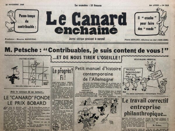 Couac ! | N° 1517 du Canard Enchaîné - 16 Novembre 1949 | L'article de R. Tréno dans Le Canard Enchaîné du 16 novembre 1949, intitulé "Le travail correctif entreprise philanthropique...", utilise un ton satirique pour commenter l'idée de camps de travail soviétiques. R. Tréno commence par évoquer les livres de David Rousset, qui a décrit les horreurs des camps de concentration nazis, et mentionne que Rousset a suggéré qu'une enquête soit menée sur les camps de travail en Russie soviétique. L'article tourne ensuite en dérision l'idée que les camps soviétiques soient vus comme philanthropiques en raison de leur "travail correctif", une notion que le régime soviétique publie ouvertement. Tréno ironise sur le fait que ces camps offrent une forme de "purgatoire" où les mauvais citoyens, tels que ceux qui arrivent en retard ou qui ne sont pas en accord avec le gouvernement, peuvent se "réformer" par le travail. R. Tréno propose de manière satirique que, pour mettre fin aux préjugés négatifs sur ces camps, la France pourrait créer ses propres camps de travail similaires à ceux de l'Union soviétique, pour que les apologistes des camps soviétiques puissent y expérimenter les conditions de travail. Il suggère que divers intellectuels et politiciens, comme Francis Cohen, Pierre Hervé, Maurice Thorez, et même David Rousset, pourraient y être envoyés pour "s'amender". L'article se termine par une note ironique en disant que les choses sont en réalité très simples et qu'il n'était pas nécessaire de faire autant de bruit autour du sujet, sous-entendant une critique acerbe de l'acceptation et de la rationalisation des pratiques oppressives sous prétexte de "réforme" ou de "philanthropie". Le canard revendique son indépendance éditoriale, et prend des risque en ces temps d'après guerre, de se mettre à dos son ancien lectorat communiste. | 1517 1