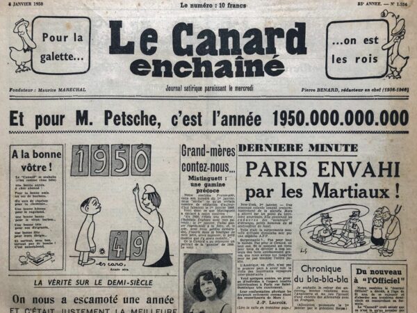 Couac ! | N° 1524 du Canard Enchaîné - 4 Janvier 1950 | L’article de R. Tréno intitulé "On nous a escamoté une année et c’était justement la meilleure", publié le 4 janvier 1950 dans *Le Canard Enchaîné*, est une critique humoristique sur le déroulement de l’année 1949, en la présentant comme une année « volée ». Tréno fait un récapitulatif des événements marquants ou imaginés de chaque mois, en soulignant les absurdités et les ironies du monde politique et international. Il commence par une introduction exagérée où la disparition de cette année est comparée à un enlèvement mystérieux, et l’article se poursuit en décrivant comment 1949 devait être une année pleine de promesses et de bonnes choses, mais qu’elle a finalement été soustraite de manière étrange. Tréno utilise cette métaphore pour souligner les déceptions et les dérives politiques et diplomatiques de cette période, avec un ton sarcastique et moqueur. Chaque mois est caricaturé : janvier voit Staline et Truman décider de mettre fin à la guerre, février voit la destruction des bombes atomiques, aout le fils  de Staline épouse Melle Truman, novembre on a retrouvé Franco pendu à une espagnolette, et ainsi de suite. L’ensemble de l’article repose sur une forme d'humour absurde, où des événements importants (ou imaginaires) sont décrits avec un ton léger et parfois absurde. Tréno critique indirectement les puissances mondiales, tout en jouant avec l’idée que 1949 était une année pleine de promesses non tenues. Coca-Cola… Le voilà bien le plant Marshall ! "Une grave menace pèse sur nos gosiers. Après nous avoir nourris de corned-beef et de chewing-gum, les États-Unis – croyant bien faire, évidemment – veulent maintenant nous abreuver de coca-cola ! Certes, il n’est pas encore question d’interdire le juliénas, le cabernet, le vouvray, le saint-émilion et autres boissons alcoolisées, mais on en prend le chemin. Le *Canard* lance un cri d’alarme. A l’inverse des Spartiates qui enivraient les Ilotes pour démontrer les méfaits de l’ébriété, nous invitons nos lecteurs à juger les méfaits de la sobriété en imaginant ce que nous deviendrions sous le règne du coca-cola !" | 1524 1