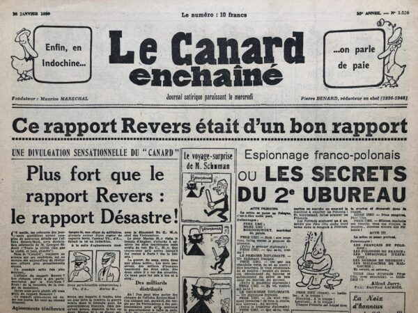 Couac ! | N° 1526 du Canard Enchaîné - 18 Janvier 1950 | L'article de R. Tréno, intitulé "Les réhabilitations qui s’imposent" et publié le 18 janvier 1950 dans *Le Canard Enchaîné*, s'inscrit dans le contexte politique et judiciaire d'après-guerre, où de nombreuses figures ayant collaboré avec le régime nazi pendant l'Occupation tentaient de se réhabiliter et de retrouver une place dans la société française. Cet article satirique se concentre sur deux personnalités, Sainrapt et Brice, qui furent impliquées dans des affaires de collaboration avec les Allemands, notamment en ayant participé à la construction du mur de l'Atlantique, un ouvrage militaire érigé par les nazis pour défendre leurs positions sur la côte française. Le texte met en lumière, avec une ironie cinglante, les efforts de ces anciens collaborateurs pour regagner leur réputation et minimiser leur rôle pendant l'Occupation. Tréno dénonce la manière dont ces individus tentent de se présenter comme des patriotes ayant contribué à l'effort de guerre français, tout en profitant de la situation pour s'enrichir, et comment ils se dépeignent comme des victimes d'injustices. L'auteur se moque également des soutiens politiques et académiques qu'ils reçoivent, montrant que ces figures parviennent souvent à échapper à une véritable condamnation. Le contexte de cet article reflète l'atmosphère tendue de l'épuration en France après la Seconde Guerre mondiale, où des procès étaient intentés contre ceux accusés de collaboration avec l'occupant allemand. Cependant, dans les années qui suivent la guerre, plusieurs d'entre eux tentèrent de se réhabiliter, soit par des recours juridiques, soit grâce à des appuis politiques. Le ton ironique et acerbe de Tréno critique vivement cette dynamique de réhabilitation qui, selon lui, est une parodie de justice, où les coupables finissent par recevoir des honneurs au lieu de véritables sanctions. L’article se termine sur une suggestion sarcastique : leur attribuer la Légion d’honneur, soulignant ainsi la dérision du processus judiciaire à l'égard de certains collaborateurs notoires. L'article montre bien le malaise de cette période, où la frontière entre culpabilité et réhabilitation devenait de plus en plus floue, dans une France en pleine reconstruction, tentant de réconcilier son passé récent avec la nécessité de tourner la page. | 1526 1