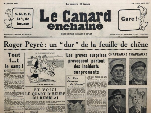 Couac ! | N° 1527 du Canard Enchaîné - 25 Janvier 1950 | Tout f...t le camp ! par R. Tréno - L'affaire des piastres démarre par la fuite d'un rapport rédigé par le Général Revers sur la situation en Indochine... Lettres ou pas Lettres - Le point de vue de Bardamu , par R. Tréno - Réquisitoire imaginaire du personnage de Bardamu, du Voyage au bout de la nuit, contre son auteur Louis Ferdinand Céline, et son antisémitisme avéré. | 1527 1