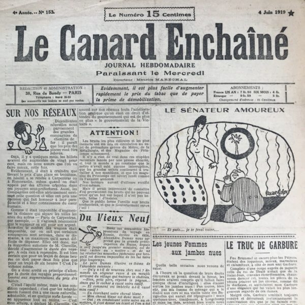 Couac ! | N° 153 du Canard Enchaîné - 4 Juin 1919 | Nos Exemplaires du Canard Enchaîné sont archivés dans de bonnes conditions de conservation (obscurité, hygrométrie maitrisée et faible température), ce qui s'avère indispensable pour des journaux anciens. | 153