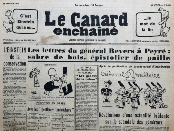 Couac ! | N° 1530 du Canard Enchaîné - 15 Février 1950 | Réhabilité par Jouvet, Tartuffe est reconnu par M. Mauriac - L'article de R. Tréno, publié dans *Le Canard Enchaîné* du 15 février 1950, critique avec un ton ironique et acerbe la réhabilitation du personnage de Tartuffe, interprété par Louis Jouvet, tout en évoquant un article élogieux de François Mauriac paru dans *Le Figaro*. L'auteur semble perplexe face à cette nouvelle interprétation, ne reconnaissant plus le Tartuffe « bouffi » et « salingue » traditionnellement associé à l’hypocrisie religieuse. Cette réinterprétation est jugée surprenante, surtout par l'apparence hautaine et illuminée de Tartuffe qui, d'après Tréno, ne correspond pas à l'image familière du personnage. François Mauriac est décrit comme ayant enfin offert la clé de l'énigme, en expliquant que le "prestige luciférien" conféré à Tartuffe par Jouvet « allège le caractère sourdement antichrétien de la pièce ». R. Tréno utilise cette phrase de Mauriac pour affirmer que Jouvet a, en quelque sorte, « réhabilité » Tartuffe, tandis que Mauriac l’a « reconnu » dans un sens diplomatique du terme. L'article se moque de la façon dont Jouvet, en jouant Tartuffe, semble avoir dégagé les spectateurs « bigots » de leur gêne face à ce personnage. Tréno affirme que Tartuffe, dans cette version, pourrait désormais être accepté dans la société, loin de l’image du "faux jeton" tant décriée. L'auteur conclut en dénonçant la tartufferie généralisée dans la société, où Tartuffe n'est plus seulement un personnage fictif, mais une figure symbolique de l'hypocrisie politique et sociale. Jouvet aurait, selon lui, fait ressortir cette réalité de manière plus subtile que jamais. Dans le contexte, l’article met en lumière la réception de l’œuvre de Molière dans une société en pleine mutation, et Tréno en profite pour critiquer la classe dirigeante et l'hypocrisie sociale. | 1530 1