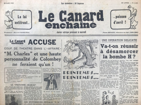 Couac ! | N° 1536 du Canard Enchaîné - 29 Mars 1950 | L'article de R. Tréno, publié dans Le Canard enchaîné du 29 mars 1950 sous le titre "Enquête sur la condition patronale - Dîner chez un industriel en lock-out", s'inscrit dans un contexte social particulièrement tendu de l'après-guerre, où les grèves et les conflits sociaux étaient fréquents, souvent opposant ouvriers et patrons. Le terme *lock-out* désigne ici une fermeture d'usine décidée par l'employeur pour répondre à une grève ou à des revendications salariales, ce qui était une tactique courante dans les conflits industriels de l'époque. Dans cet article, R. Tréno se moque du *Figaro*, qui avait envoyé un de ses journalistes, Serge Bromberger, dîner chez un métallurgiste gréviste, en parodiant cette démarche avec une satire mordante d'un dîner chez un industriel en lock-out. Ce dernier, ici nommé "Monsieur Rateau", est dépeint comme un personnage attristé par la fermeture de son usine et la réduction de son personnel, mais qui derrière une façade d'amertume, montre un certain cynisme vis-à-vis des ouvriers en lutte pour des augmentations salariales. L'ironie est palpable lorsque l'industriel fait mine de compatir avec ses ouvriers, alors qu'il a délibérément choisi de fermer son usine pour les priver de salaire et tenter de leur prouver qu'ils ne sont pas encore les maîtres. On remarque aussi une critique subtile de la distance sociale entre les patrons et les ouvriers, accentuée par la description du dîner opulent que partage le journaliste avec cet industriel qui, malgré ses "soucis", continue de vivre dans un certain confort. Tréno exploite avec habileté les propos dédaigneux de cet industriel pour se moquer de la manière dont les patrons tentent de justifier leurs décisions face aux revendications ouvrières. Il évoque même l'échec des politiques gouvernementales et la position ambiguë du général de Gaulle, ce qui ajoute une dimension politique à la satire. Cet article, tout en ridiculisant les plaintes des industriels et en mettant en lumière l'hypocrisie de leurs discours, reflète bien la ligne éditoriale du *Canard* : utiliser l'humour et la satire pour dénoncer les inégalités et les injustices sociales de son époque. | 1536