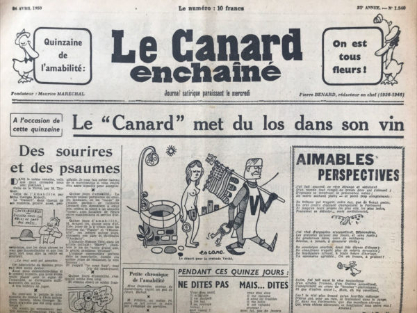 Couac ! | N° 1540 du Canard Enchaîné - 26 Avril 1950 | "Les 'incidents' de la S.N.E.C.M.A. : D'importantes forces de police prient les ouvriers de bien vouloir quitter l'usine un petit instant" - Cet article de Gabriel Macé publié dans *Le Canard enchaîné* du 26 avril 1950 est une satire ironique des "incidents" survenus à la SNECMA (Société nationale d'études et de construction de moteurs d'aviation), où un conflit social a opposé les ouvriers aux forces de l'ordre. Le ton sarcastique de l'article dépeint une scène où les forces de police prient poliment les ouvriers de quitter l’usine, dans une parodie de courtoisie, alors que la réalité était beaucoup plus tendue. Le conflit à la SNECMA s'inscrit dans un contexte de grèves ouvrières qui secouent la France au début des années 1950, notamment dans les industries liées à l'aéronautique et la défense. La SNECMA, impliquée dans la production stratégique de moteurs d'avions, était un lieu de travail hautement sensible, et toute interruption de la production était mal vue par les autorités, d'où une répression souvent sévère. En 1950, les ouvriers revendiquaient de meilleures conditions de travail et une hausse des salaires, ce qui mena à des affrontements avec la police. L’article ironise la manière dont certains médias auraient minimisé les violences en dépeignant les interventions policières comme courtoises et pacifiques. La "quinzaine de l'amabilité" était une initiative du gouvernement pour encourager une campagne de courtoisie dans la société française, prônant la politesse et les bonnes manières dans tous les secteurs. L'article de Macé tourne en dérision cette campagne en l'appliquant de manière absurde aux relations entre policiers et grévistes, suggérant que même les CRS (Compagnies républicaines de sécurité) se seraient comportés avec une amabilité exagérée envers les ouvriers en grève. Gabriel Macé transforme les tensions de la grève en une farce, imaginant des scènes où les CRS, dépeints comme des agents doux et attentionnés, se comporteraient comme des hôtes polis invitant les ouvriers à quitter l’usine pour une « petite promenade en panier à salade ». Le sarcasme est évident dans des phrases telles que « Vous désirez, messieurs ? » ou encore « À l'issue de ce toast, les policiers invitent gracieusement les grévistes à faire une petite promenade ». L’absurdité culminante de la situation est encore renforcée par les illustrations, avec des CRS s’inclinant presque humblement face aux grévistes. Macé joue sur le contraste entre la réalité brutale des grèves et l'initiative de la quinzaine de l'amabilité, ridiculisant ainsi le décalage entre la propagande gouvernementale et les faits sur le terrain. | 1540