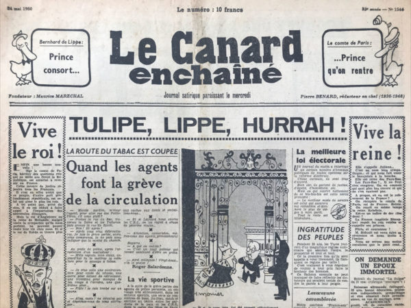 Couac ! | N° 1544 du Canard Enchaîné - 24 Mai 1950 | L'article intitulé "Vive le roi ! Vive la reine !" publié dans Le Canard Enchaîné du 24 mai 1950 fait un commentaire ironique sur le retour du comte de Paris, prétendant au trône de France, après des années d'exil. La décision de l'Assemblée nationale de lever cette interdiction est présentée avec sarcasme, suggérant que la France, pourtant républicaine, se retrouve à célébrer un roi. L'article souligne l'absurdité de la situation, notamment avec une comparaison humoristique entre les rois étrangers qui ne peuvent résider en France et le comte de Paris, héritier d’une monarchie disparue. Le texte ironise également sur la visite de la reine Juliana des Pays-Bas, présentée comme un autre signe de cette étrange renaissance des monarchies sur le sol français. *Le Canard* se moque ouvertement du retour des figures royales et suggère qu’il s’agit d’un phénomène paradoxal dans une République. La France, qualifiée de « capitale Biscoëtre », semble rejouer les grands moments monarchiques avec l’arrivée simultanée de la royauté étrangère et le retour d'un prince français. La réutilisation humoristique des termes comme « flirts et couronnes » et le jeu sur les expressions populaires renforcent cette ironie, en se moquant subtilement des tendances royalistes. Enfin, *Le Canard* souligne que même Georges Bidault, homme d’État de la République, fait sa révérence à ces dynasties royales, invitant les Français à suivre son exemple. L'article exploite la contradiction d'un pays républicain qui, malgré sa volonté affirmée d'être débarrassé de la royauté, semble à nouveau sous le charme des couronnes européennes, au moins sur un ton moqueur. Cinéma: "Autant en emporte le vent" | 1544