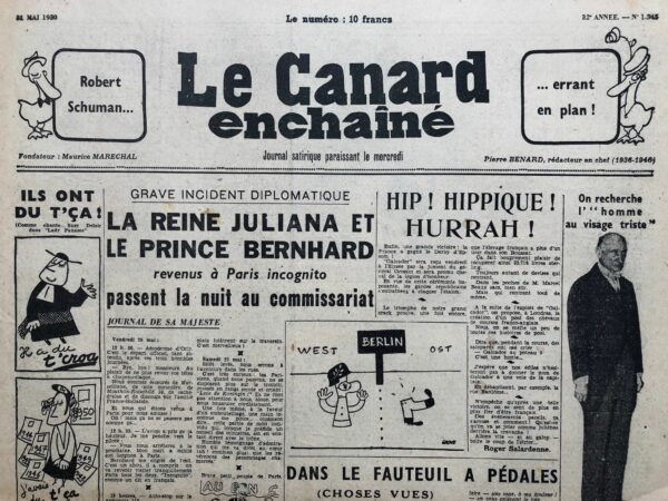 Couac ! | N° 1545 du Canard Enchaîné - 31 Mai 1950 | L'article intitulé "Lettre de province" de R. Tréno, publié dans Le Canard enchaîné le 31 mai 1950, se situe dans un contexte politique de tension entre les influences américaines et soviétiques en France, illustrées par des personnalités comme Georges Bidault, ancien professeur d’histoire devenu préfet de la "province" de Paris, et Maurice Thorez, leader communiste et ministre d’État. Le texte utilise une satire pour souligner l’ingérence des grandes puissances dans les affaires françaises. L'auteur décrit Paris comme une "province" de la Confédération atlantique, faisant allusion à la France sous l'influence de Washington et du plan Marshall, qui encadrait l’aide économique américaine. Bidault est dépeint comme un préfet appliquant les règles avec prudence, tandis que Thorez, figurant comme un évêque du "rite moscovite", incarne l'opposition communiste et l’influence soviétique en France. Thorez, dans l'article, lance une pétition contre les dangers de la bombe atomique, appelant les Parisiens à signer pour éviter une catastrophe nucléaire. Le texte suggère que cette pétition vise à se protéger des Américains autant que des Russes, dans une forme de moquerie sur les peurs de la Guerre froide et les calculs politiques entre les deux blocs. L'article mêle ironie et critique pour dépeindre les conflits de l'époque et la complexité des alliances, tout en dénonçant subtilement la dépendance de la France vis-à-vis des grandes puissances. | 1545 1