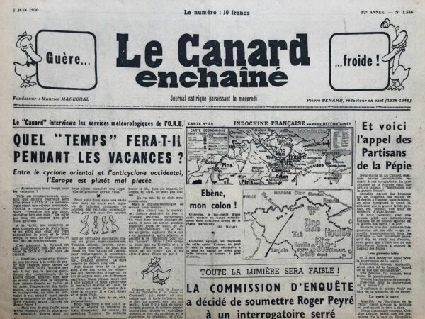 Couac ! | N° 1546 du Canard Enchaîné - 7 Juin 1950 | L'article d'Yves Grosrichard publié dans Le Canard enchaîné du 7 juin 1950, intitulé "La soudure est assurée par le comte de Paris décidé à faire son blé dans tous les partis", adopte un ton satirique et ironique pour commenter les ambitions politiques du comte de Paris, Henri d'Orléans, prétendant au trône de France. Ce dernier se positionne comme un "trait d’union" entre les différents partis politiques français, ce que l'auteur tourne en dérision en soulignant les contradictions évidentes de cette déclaration. Le comte de Paris, dans une interview fictive où il se dit prêt à s’allier à tous, du Parti radical au Parti communiste, promet de s’adapter à chaque doctrine, une promesse vide soulignée par la satire de son engagement possible avec des figures aussi diverses que Clemenceau ou Staline. Cette volonté de plaire à tous, y compris au "petit père Combes", est moquée pour son opportunisme. Grosrichard ironise aussi sur le souhait du comte de réunir les Français sous son aile, le présentant comme un candidat capable de rassembler tout le monde, tout en le comparant à un acteur de la Belle Époque, soucieux de rester dans les grâces du public. Le ton ironique est maintenu jusqu'à la fin, où l'auteur évoque les épreuves que le comte devra surmonter pour s'assurer un retour politique dans une République française, déjà bien établie et guère encline à céder sa place à un prétendant royal. Ce texte souligne l’absurdité d’un retour monarchique dans la France républicaine, tout en pointant du doigt les divisions politiques du pays, exacerbées par la proximité des élections. | 1546 1