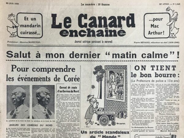 Couac ! | N° 1549 du Canard Enchaîné - 28 Juin 1950 | Un article scandaleux du "Monde" On aura tout vu. Voilà que "Le Monde", qui passait jusqu'ici pour un journal sérieux, pouvant être dans toutes les mains et reflétant la pensée du gouvernement (pour autant que le gouvernement ait une pensée), voilà, dis-je, que *Le Monde* demande qu'on évacue l'Indochine ! On assure que M. Letourneau, ministre de la France d'outre-mer, en parcourant samedi après-midi l'article de M. Duverger, a failli prendre un coup de sang. Et que M. Vincent Auriol lui-même, qui venait justement de présider une conférence sur l'Indochine, s'est écrié, en frappant du poing sur la table : "Cet article est criminel !". M. Duverger ne va-t-il pas en effet jusqu'à qualifier d'absurde la guerre d'Indochine ? Et jusqu'à insinuer que nous n'avons plus rien à défendre là-bas que les intérêts des trafiquants de piastres ? C'est vraiment, on l'avouera, *Le Monde* à l'envers. Devant cette attitude scandaleuse et inexplicable d'un journal jusqu'ici insoupçonnable, *Le Canard* a décidé de relever le flambeau du Droit et de la Civilisation, que vient si malencontreusement de laisser tomber *Le Monde*. C'est nous, désormais, qui serons le journal sérieux et officieux. Pour commencer, nous publions aujourd'hui un résumé de la véritable situation en Indochine : 1. Tout va très bien là-bas, la victoire est certaine ; 2. Cette guerre ne coûte pas un sou au contribuable français ; 3. S.M. l'Empereur Bao Dai est un républicain sincère et un grand ami de la France : il vient de le prouver en se retirant chez nous après fortune faite ; 4. Les trafiquants de piastres sont de parfaits honnêtes hommes ; 5. Il n'y a pas de trafic de piastres. R. Tr. Dans cet article, R. Tréno se moque ouvertement de la réaction outrée du gouvernement et de *Le Monde* face à l'article de M. Duverger, qui dénonçait la guerre d'Indochine. Tréno souligne avec ironie la réponse excessive du ministre Letourneau et du président Vincent Auriol, tous deux scandalisés par les affirmations de Duverger, qui qualifiait cette guerre d'absurde et insinuait que la France ne défendait plus que les intérêts des trafiquants de piastres en Indochine. L'ironie mordante de Tréno est évidente lorsqu'il propose de remplacer *Le Monde* en tant que "journal sérieux", en présentant un résumé caricatural de la situation en Indochine, où tout va pour le mieux, où la guerre est financièrement neutre pour les contribuables, et où même les trafiquants de piastres sont des hommes honorables. Ce commentaire acerbe dénonce la cécité volontaire des autorités françaises face aux réalités d'une guerre coûteuse et moralement condamnable, tout en ridiculisant la presse officielle qui, selon lui, se plie à la propagande gouvernementale. | 1549 e1726074977298