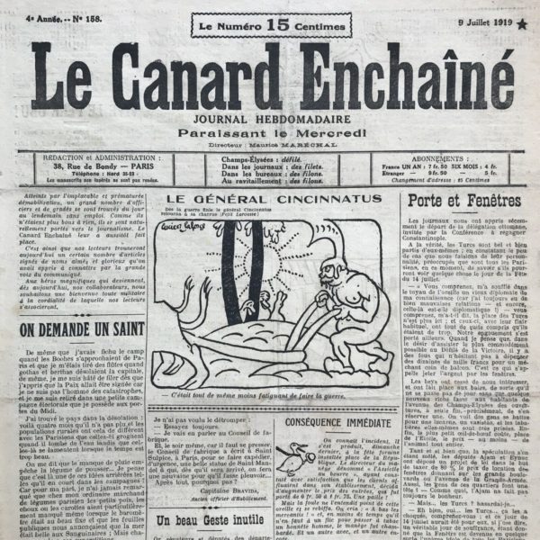 Couac ! | N° 158 du Canard Enchaîné - 9 Juillet 1919 | Nos Exemplaires du Canard Enchaîné sont archivés dans de bonnes conditions de conservation (obscurité, hygrométrie maitrisée et faible température), ce qui s'avère indispensable pour des journaux anciens. | 158