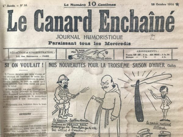 Couac ! | N° 16 du Canard Enchaîné - 18 Octobre 1916 | ancienne trace d'humidité bien visible sur l'image et présente sur les 4 pages | 16 2