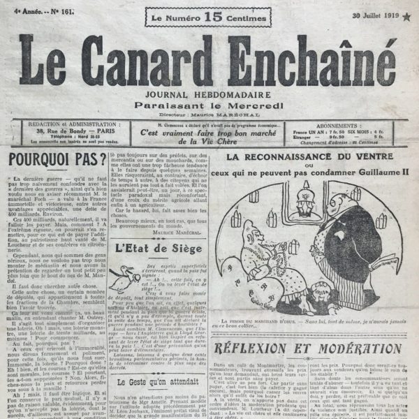 Couac ! | N° 161 du Canard Enchaîné - 30 Juillet 1919 | Nos Exemplaires du Canard Enchaîné sont archivés dans de bonnes conditions de conservation (obscurité, hygrométrie maitrisée et faible température), ce qui s'avère indispensable pour des journaux anciens. | 161