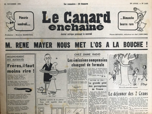 Couac ! | N° 1622 du Canard Enchaîné - 21 Novembre 1951 | Nos Exemplaires du Canard Enchaîné sont archivés dans de bonnes conditions de conservation (obscurité, hygrométrie maitrisée et faible température), ce qui s'avère indispensable pour des journaux anciens. | 1622