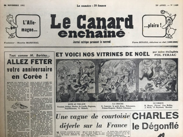 Couac ! | N° 1623 du Canard Enchaîné - 28 Novembre 1951 | Nos Exemplaires du Canard Enchaîné sont archivés dans de bonnes conditions de conservation (obscurité, hygrométrie maitrisée et faible température), ce qui s'avère indispensable pour des journaux anciens. | 1623