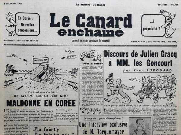 Couac ! | N° 1624 du Canard Enchaîné - 5 Décembre 1951 | Discours de Julien Gracq à MM. les Goncourt, par Yvan Audouard - Julien Gracq refuse le prix Goucourt qui lui est décerné pour Le Rivage des Syrtes. La critique du Canard n'aura pas été fameuse mais le refus des lauriers qui lui sont tressés est plus apprécié. | 1624 1