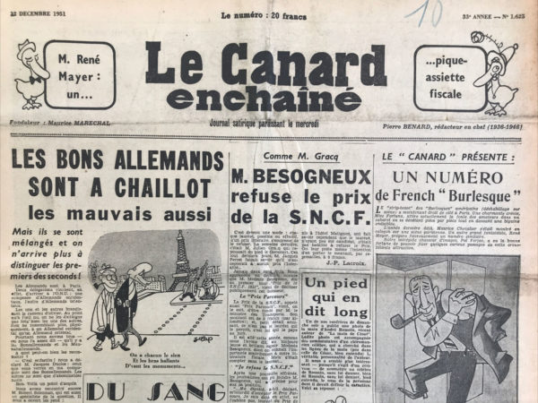 Couac ! | N° 1625 du Canard Enchaîné - 12 Décembre 1951 | Nos Exemplaires du Canard Enchaîné sont archivés dans de bonnes conditions de conservation (obscurité, hygrométrie maitrisée et faible température), ce qui s'avère indispensable pour des journaux anciens. | 1625