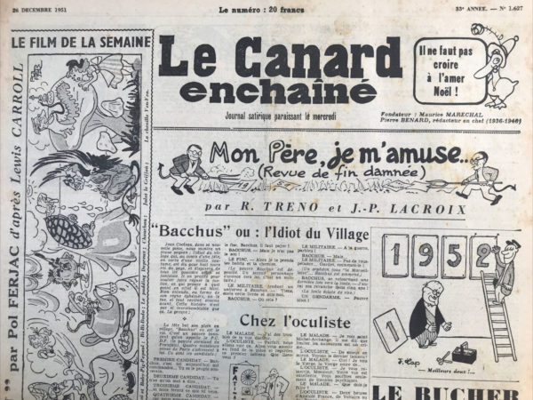 Couac ! | N° 1627 du Canard Enchaîné - 26 Décembre 1951 | Nos Exemplaires du Canard Enchaîné sont archivés dans de bonnes conditions de conservation (obscurité, hygrométrie maitrisée et faible température), ce qui s'avère indispensable pour des journaux anciens. | 1627