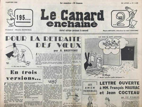 Couac ! | N° 1628 du Canard Enchaîné - 2 Janvier 1952 | Nos Exemplaires du Canard Enchaîné sont archivés dans de bonnes conditions de conservation (obscurité, hygrométrie maitrisée et faible température), ce qui s'avère indispensable pour des journaux anciens. | 1628