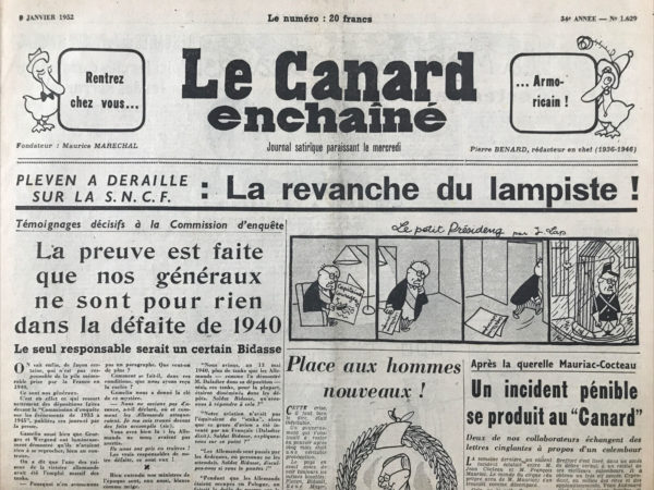 Couac ! | N° 1629 du Canard Enchaîné - 9 Janvier 1952 | Nos Exemplaires du Canard Enchaîné sont archivés dans de bonnes conditions de conservation (obscurité, hygrométrie maitrisée et faible température), ce qui s'avère indispensable pour des journaux anciens. | 1629