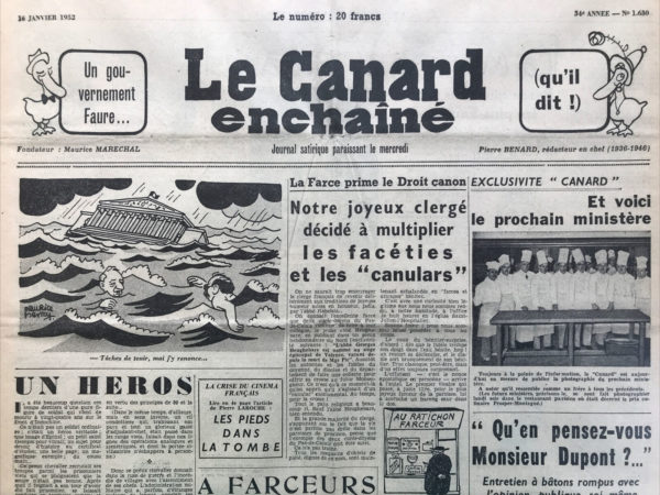 Couac ! | N° 1630 du Canard Enchaîné - 16 Janvier 1952 | Nos Exemplaires du Canard Enchaîné sont archivés dans de bonnes conditions de conservation (obscurité, hygrométrie maitrisée et faible température), ce qui s'avère indispensable pour des journaux anciens. | 1630