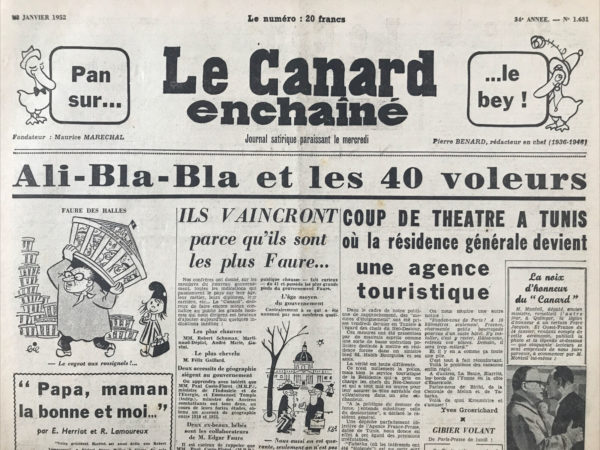 Couac ! | N° 1631 du Canard Enchaîné - 23 Janvier 1952 | Nos Exemplaires du Canard Enchaîné sont archivés dans de bonnes conditions de conservation (obscurité, hygrométrie maitrisée et faible température), ce qui s'avère indispensable pour des journaux anciens. | 1631