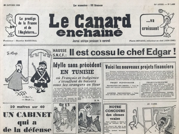 Couac ! | N° 1632 du Canard Enchaîné - 30 Janvier 1952 | Nos Exemplaires du Canard Enchaîné sont archivés dans de bonnes conditions de conservation (obscurité, hygrométrie maitrisée et faible température), ce qui s'avère indispensable pour des journaux anciens. | 1632