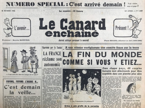 Couac ! | N° 1633 du Canard Enchaîné - 6 Février 1952 | Nos Exemplaires du Canard Enchaîné sont archivés dans de bonnes conditions de conservation (obscurité, hygrométrie maitrisée et faible température), ce qui s'avère indispensable pour des journaux anciens. | 1633