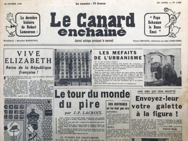 Couac ! | N° 1634 du Canard Enchaîné - 13 Février 1952 | Nos Exemplaires du Canard Enchaîné sont archivés dans de bonnes conditions de conservation (obscurité, hygrométrie maitrisée et faible température), ce qui s'avère indispensable pour des journaux anciens. | 1634