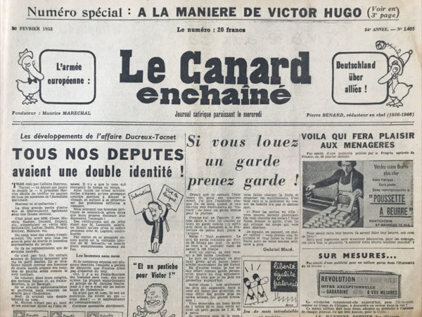 Couac ! | N° 1635 du Canard Enchaîné - 20 Février 1952 | Nos Exemplaires du Canard Enchaîné sont archivés dans de bonnes conditions de conservation (obscurité, hygrométrie maitrisée et faible température), ce qui s'avère indispensable pour des journaux anciens. | 1635