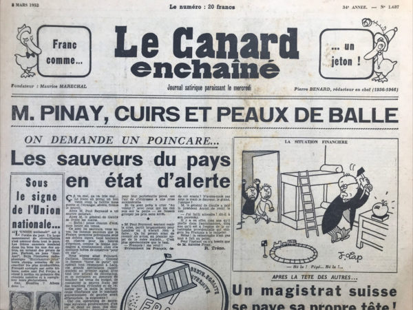 Couac ! | N° 1637 du Canard Enchaîné - 5 Mars 1952 | Nos Exemplaires du Canard Enchaîné sont archivés dans de bonnes conditions de conservation (obscurité, hygrométrie maitrisée et faible température), ce qui s'avère indispensable pour des journaux anciens. | 1637