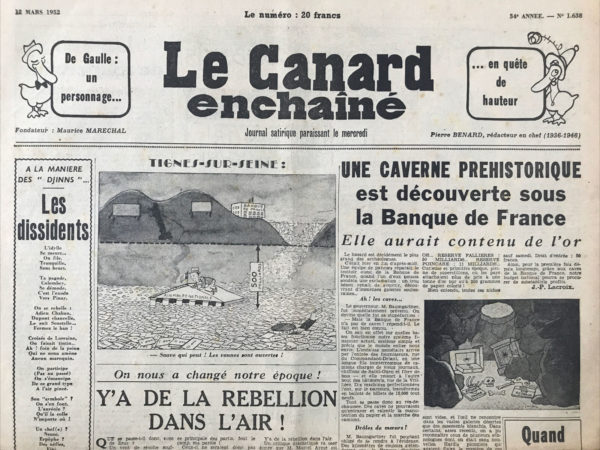 Couac ! | N° 1638 du Canard Enchaîné - 12 Mars 1952 | Nos Exemplaires du Canard Enchaîné sont archivés dans de bonnes conditions de conservation (obscurité, hygrométrie maitrisée et faible température), ce qui s'avère indispensable pour des journaux anciens. | 1638