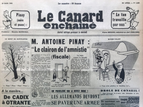 Couac ! | N° 1639 du Canard Enchaîné - 19 Mars 1952 | Nos Exemplaires du Canard Enchaîné sont archivés dans de bonnes conditions de conservation (obscurité, hygrométrie maitrisée et faible température), ce qui s'avère indispensable pour des journaux anciens. | 1639