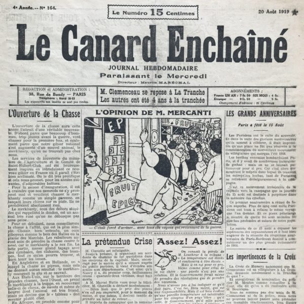 Couac ! | N° 164 du Canard Enchaîné - 20 Août 1919 | Les Parisiens malades de la vie chère - Fable signée d'André Dahl, qui arbore le style de La Fontaine, autour des manifestations des parisiens contre les pénuries et la vie chère. | 164