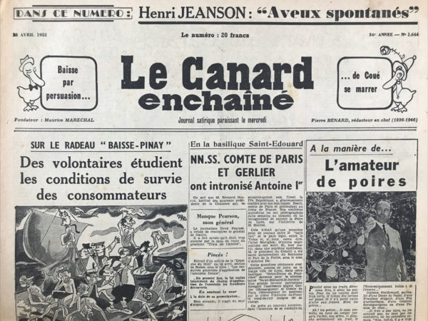 Couac ! | N° 1644 du Canard Enchaîné - 23 Avril 1952 | Nos Exemplaires du Canard Enchaîné sont archivés dans de bonnes conditions de conservation (obscurité, hygrométrie maitrisée et faible température), ce qui s'avère indispensable pour des journaux anciens. | 1644