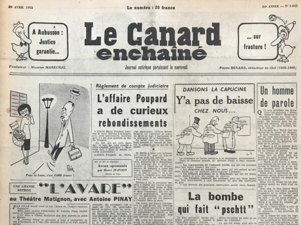 Couac ! | N° 1645 du Canard Enchaîné - 30 Avril 1952 | Nos Exemplaires du Canard Enchaîné sont archivés dans de bonnes conditions de conservation (obscurité, hygrométrie maitrisée et faible température), ce qui s'avère indispensable pour des journaux anciens. | 1645 e1679121844305