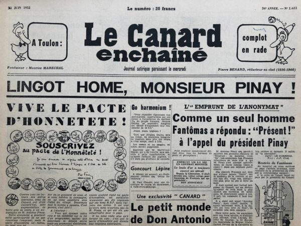 Couac ! | N° 1651 du Canard Enchaîné - 11 Juin 1952 | Nos Exemplaires du Canard Enchaîné sont archivés dans de bonnes conditions de conservation (obscurité, hygrométrie maitrisée et faible température), ce qui s'avère indispensable pour des journaux anciens. | 1651 1