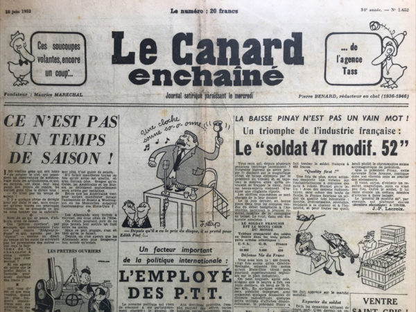 Couac ! | N° 1652 du Canard Enchaîné - 18 Juin 1952 | Nos Exemplaires du Canard Enchaîné sont archivés dans de bonnes conditions de conservation (obscurité, hygrométrie maitrisée et faible température), ce qui s'avère indispensable pour des journaux anciens. | 1652