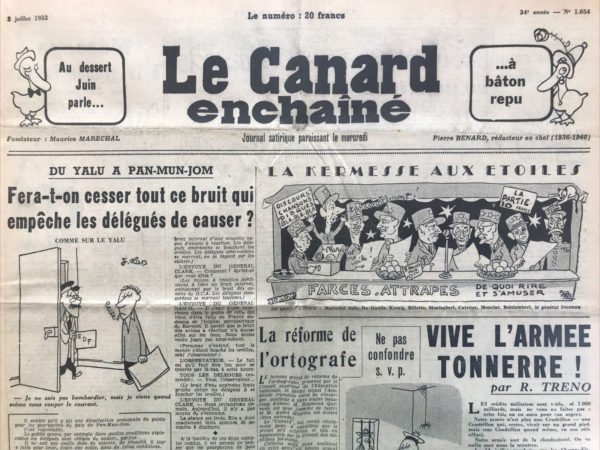 Couac ! | N° 1654 du Canard Enchaîné - 2 Juillet 1952 | Nos Exemplaires du Canard Enchaîné sont archivés dans de bonnes conditions de conservation (obscurité, hygrométrie maitrisée et faible température), ce qui s'avère indispensable pour des journaux anciens. | 1654