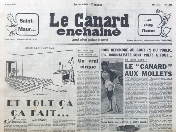 Couac ! | N° 1655 du Canard Enchaîné - 9 Juillet 1952 | Nos Exemplaires du Canard Enchaîné sont archivés dans de bonnes conditions de conservation (obscurité, hygrométrie maitrisée et faible température), ce qui s'avère indispensable pour des journaux anciens. | 1655