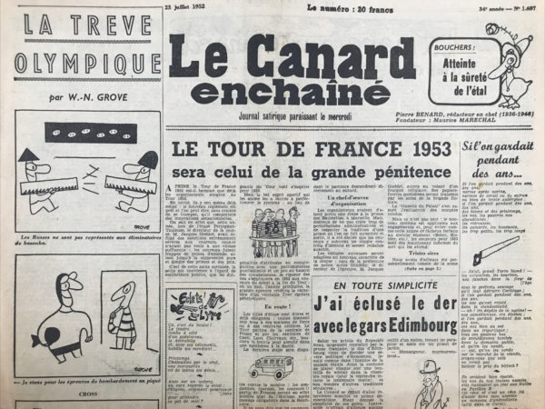 Couac ! | N° 1657 du Canard Enchaîné - 23 Juillet 1952 | Nos Exemplaires du Canard Enchaîné sont archivés dans de bonnes conditions de conservation (obscurité, hygrométrie maitrisée et faible température), ce qui s'avère indispensable pour des journaux anciens. | 1657