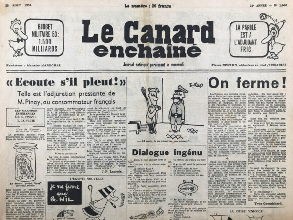 Couac ! | N° 1660 du Canard Enchaîné - 13 Août 1952 | Nos Exemplaires du Canard Enchaîné sont archivés dans de bonnes conditions de conservation (obscurité, hygrométrie maitrisée et faible température), ce qui s'avère indispensable pour des journaux anciens. | 1660