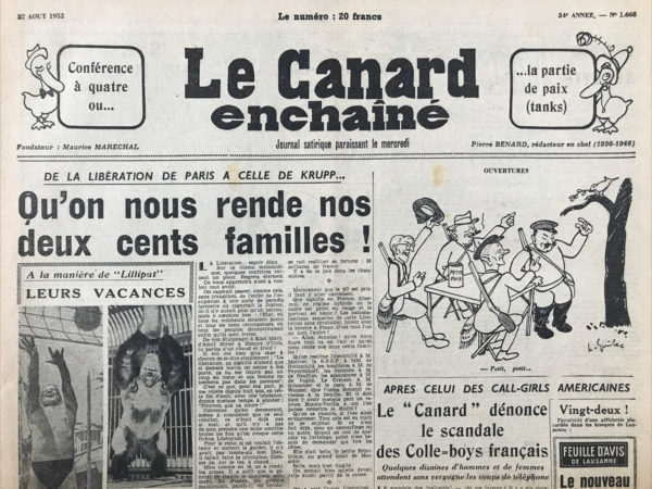 Couac ! | N° 1662 du Canard Enchaîné - 27 Août 1952 | Nos Exemplaires du Canard Enchaîné sont archivés dans de bonnes conditions de conservation (obscurité, hygrométrie maitrisée et faible température), ce qui s'avère indispensable pour des journaux anciens. | 1662